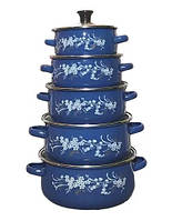 Набор эмалированных кастрюль 5шт со стеклянными крышками Benson BN-079 Синий, Качественные кухонные кастрюли