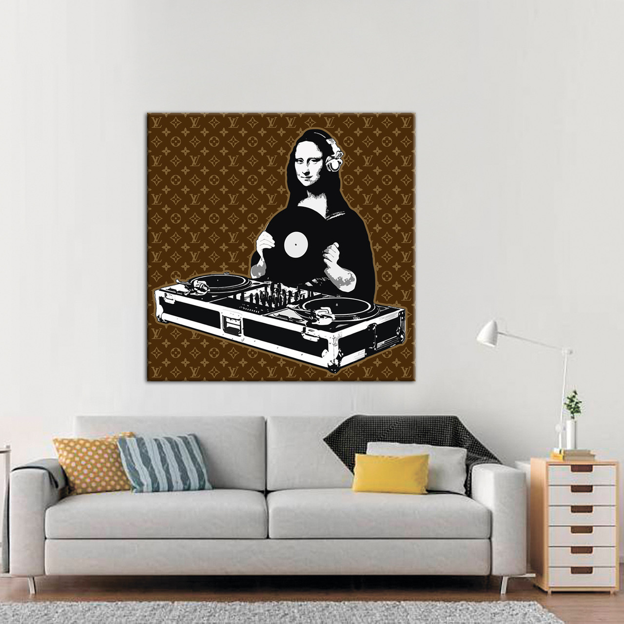 Яскрава та стильна квадратна картина для сучасного офісу Мона Ліза за діджейським пультом Луї Вітон, фото 1