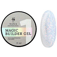 Гель для наращивания Saga Professional Magic Builder Gel 01, молочный с цветными хлопьями потали, 15 мл