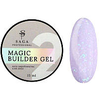 Гель для наращивания Saga Professional Magic Builder Gel 02, нежный лиловый с цветными хлопьями потали, 15 мл