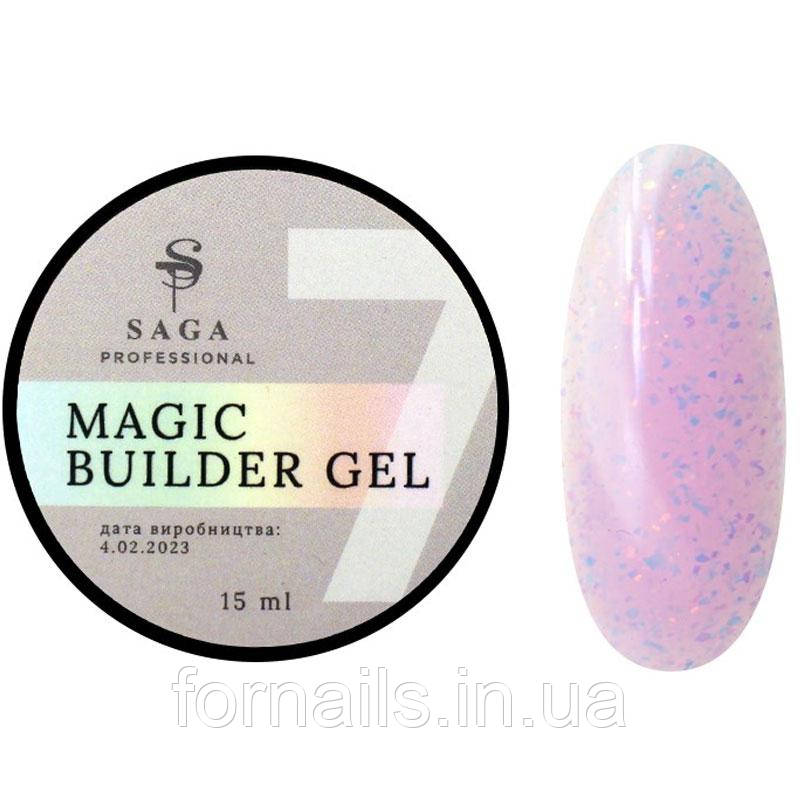 Гель для нарощування Saga Professional Magic Builder Gel 07, рожевий ніжний з пластівцями поталі, 15 мл