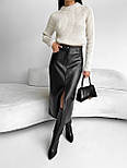 Спідниця з розрізом спереду з екошкіри довга міді чорна молочна, фото 3
