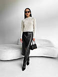 Спідниця з розрізом спереду з екошкіри довга міді чорна молочна, фото 6