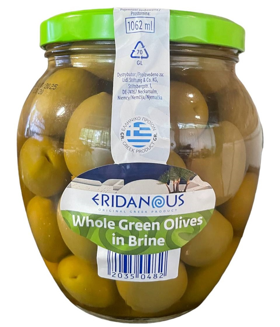 Оливки грецькі Eridanos Whole Green Olives in brine, зелені з