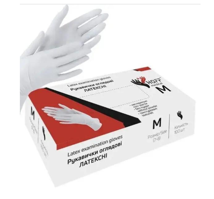Рукавички латексні HOFF MEDICAL текстуровані, неопудрені M 100шт/уп