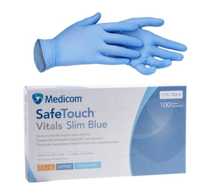Рукавички нітрилові Medicom р.S SafeTouch Vitals. 3.0 г. 100 шт\уп. Текстуровані, фото 1