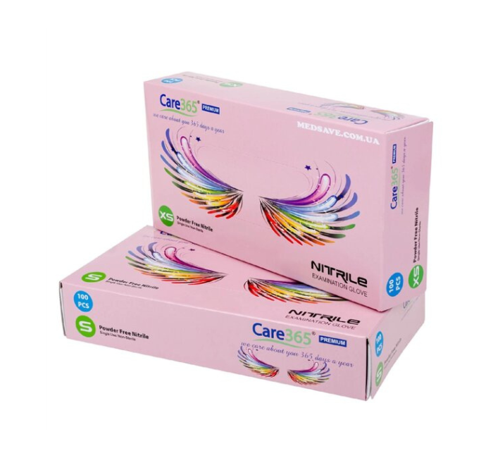 Нітрилові рукавички неопудрені рожеві, р. S 100 шт. Care 365, фото 1
