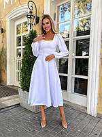 Жіноча базова класична сукня міді з довгим рукавом однотонна тканина костюмка Білий, 44