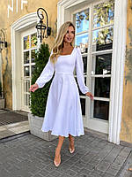 Женское базовое классическое платье миди с длинным рукавом однотонное ткань костюмка Белый, 46