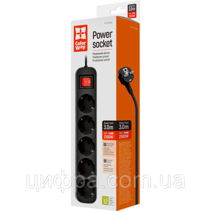 Мережевий фільтр COLORWAY CW-PSEA53BK Black, 5 розеток, 3м