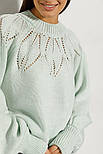 Жіноча в'язана кофта з ажурним листям у м'ятному кольорі, фото 2