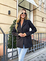 Женский стильный жакет однобортный деловой удлиненный пиджак без подклада на пуговице с карманами Черный, 46