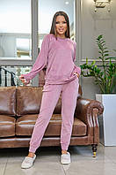 Теплый женский домашний розовый костюм двойка кофта и штаны норма и большые размеры ткань трикотажный велюр 46/48