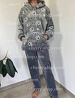 Жіноча махрова піжама з капюшоном в Сірому кольорі, Костюм домашній махровий