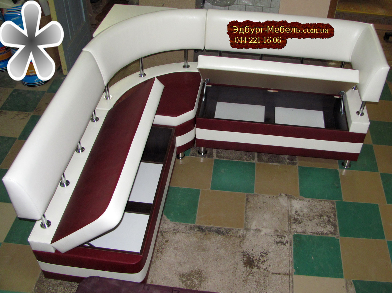 Бордовый диван для кухни с 2-мя ящиками и угловой спинкой - фото 5 - id-p339622809