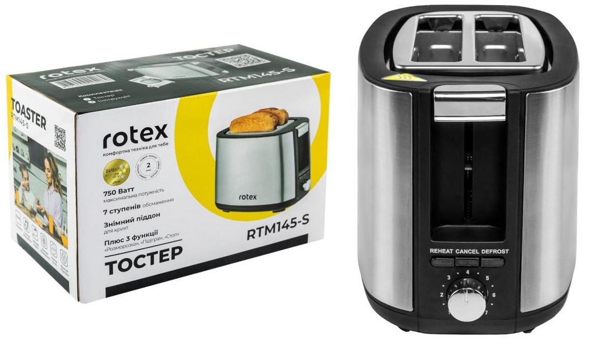 Тостер ROTEX RTM145-S (Мічність 750 W. 7 ступенів обсмажування. Режим розморожування. Знімний піддон)