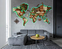 Деревянная карта мира с подсветкой многослойная Perfect World 3D Led - Орех и белый палисандр