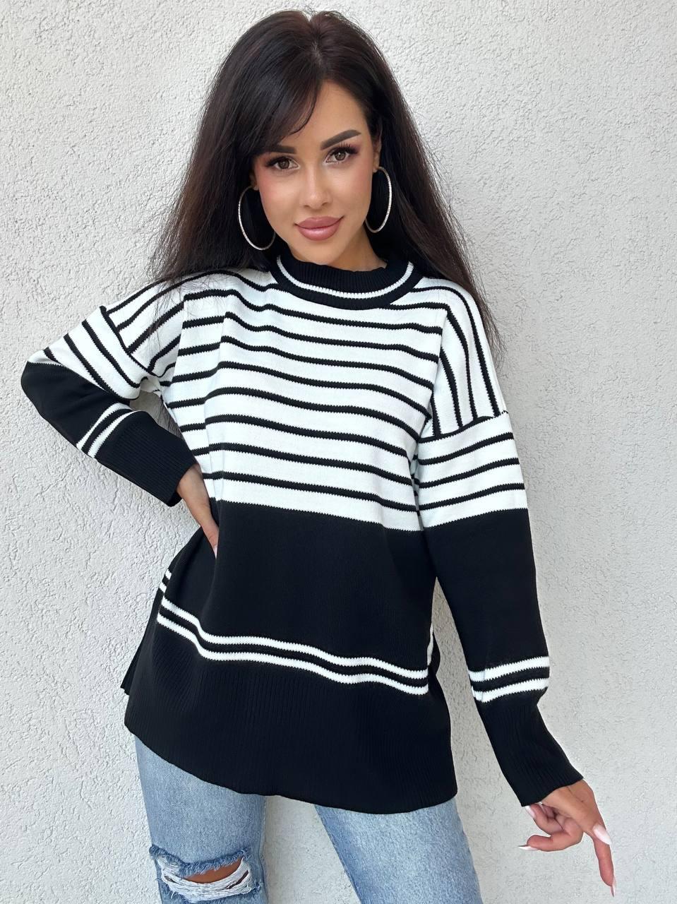 В'язаний светр подовжений у смужку вільного фасону (р. 42-48) 9043234, фото 1