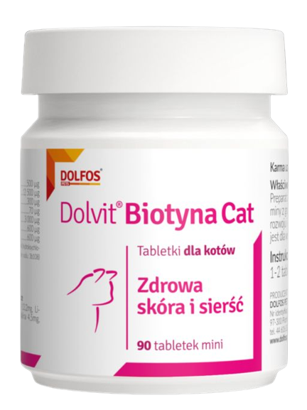 Долвіт Біотин Кет Dolvit Biotyna Cat Dolfos вітаміни з високим вмістом біотину для кішок, 90 міні таблеток, фото 1