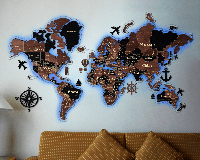 Деревянная карта мира с подсветкой многослойная Standart 3D Led - Черный с коричневым