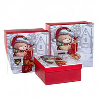 Комплект новогодних подарочных коробок квадратных с мишкой 3 шт 20х20х9,5 см Elisey (8211-057)