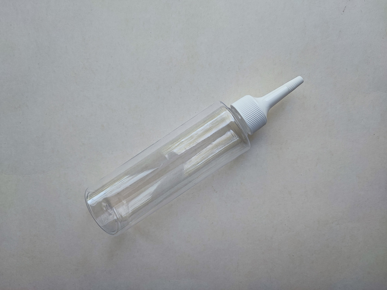 150 мл/24мм флакон ЦИЛІНДР ПЕТ прозорий з білим довгим носиком 24 мм, пляшка пластикова, пластмасова, баночка