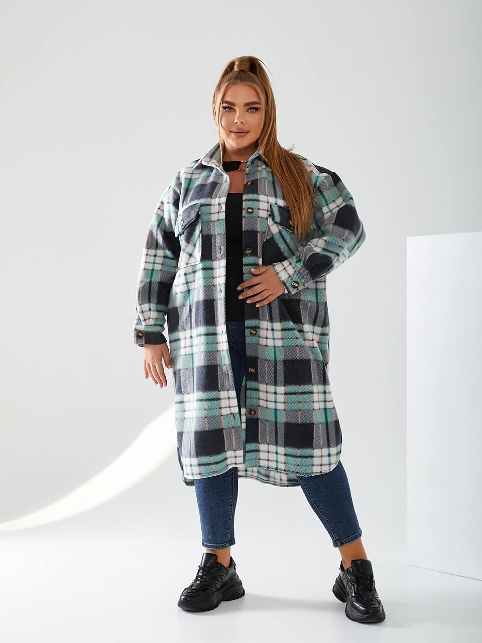 Стильна довга флісова сорочка-кардиган в клітинку широкого фасону, батал великі розміри, фото 1