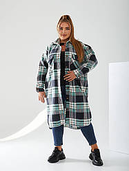 Стильна довга флісова сорочка-кардиган в клітинку широкого фасону, батал великі розміри