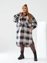 Стильна довга флісова сорочка-кардиган в клітинку широкого фасону, батал великі розміри