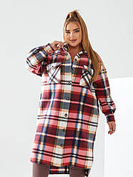 Стильна довга флісова сорочка-кардиган в клітинку широкого фасону, батал великі розміри
