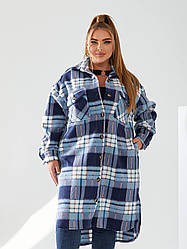 Стильна довга флісова сорочка-кардиган в клітинку широкого фасону, батал великі розміри