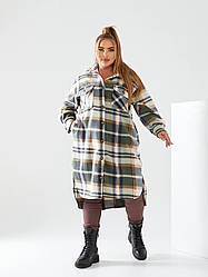 Стильна довга флісова сорочка-кардиган в клітинку широкого фасону, батал великі розміри