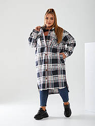 Стильна довга флісова сорочка-кардиган в клітинку широкого фасону, батал великі розміри