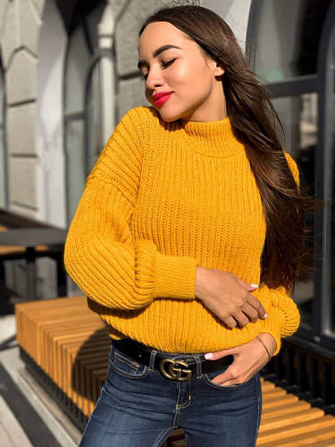 Объемный женский свитер крупной вязки с воротником стойкой, молодежный ...