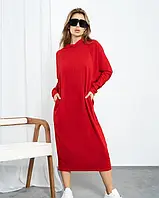 Красное платье кокон с капюшоном