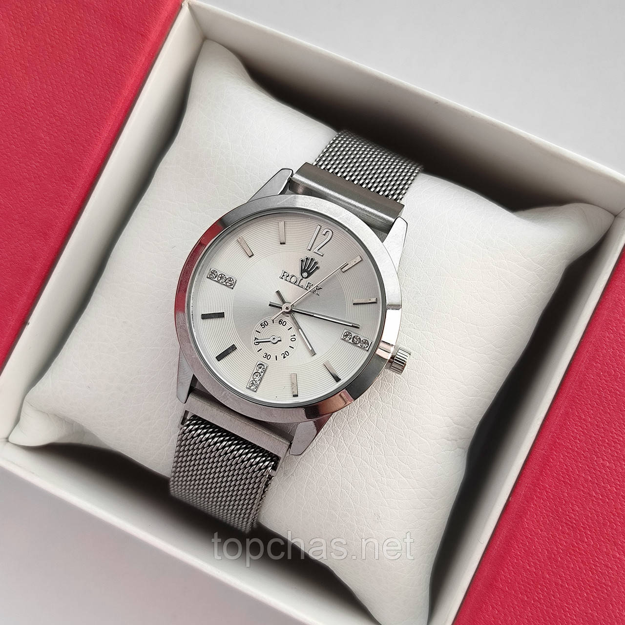 Сріблястий жіночий наручний годинник Rolex (ролекс) на магнітні застібці, світлий циферблат - код 2241t