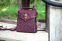 Маленькая Сумочка-рюкзак кожаная темно-фиолетовая, с орнаментом тиснением