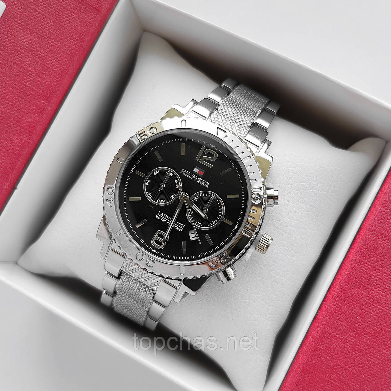Жіночий наручний годинник Tommy Hilfiger (Томі Хілфігер) срібні з чорним, рифлений браслет, - код 2245t
