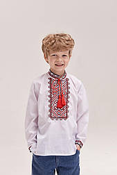 Біла вишиванка з довгим рукавом на хлопчика з червоною вишивкою 97-го розміру