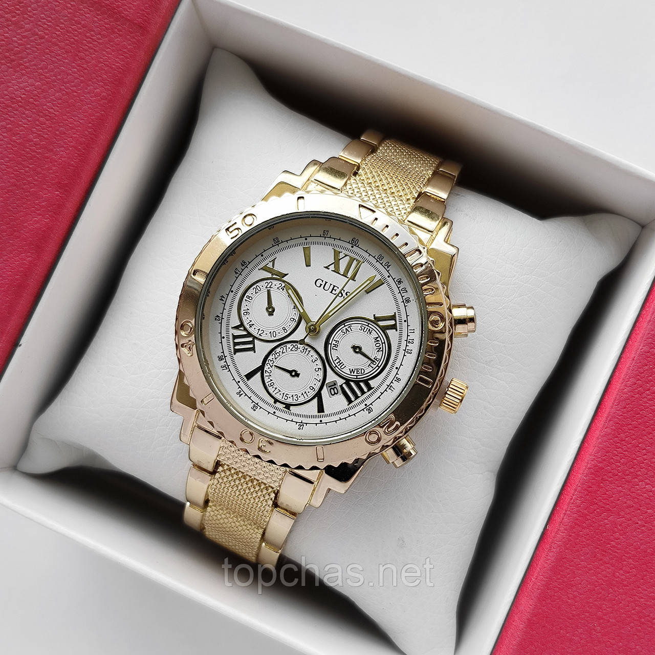 Жіночий наручний годинник Guess (Гес) золотистий з білим, рифлений браслет, - код 2247t