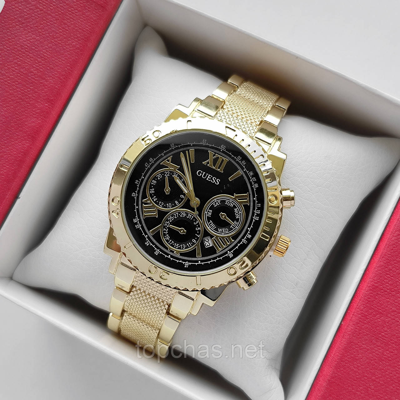 Жіночий наручний годинник Guess (Гес) золотистий з чорним, рифлений браслет, - код 2248t