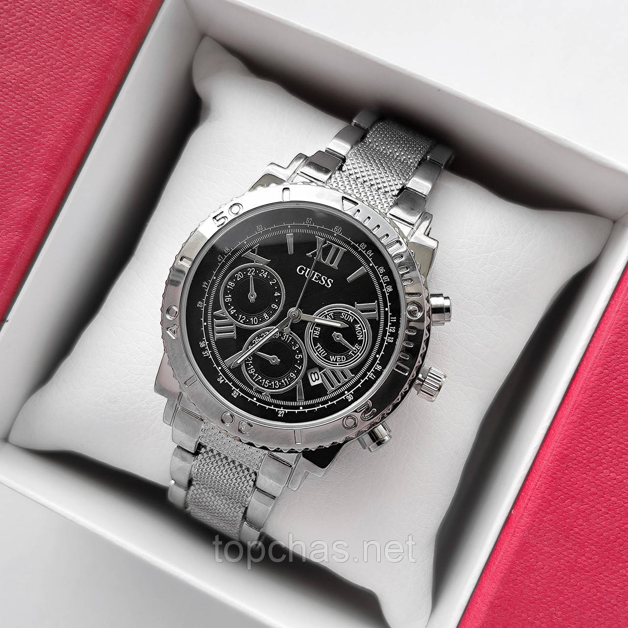 Жіночий наручний годинник Guess (Гес) сріблястий з чорним, рифлений браслет, - код 2249t