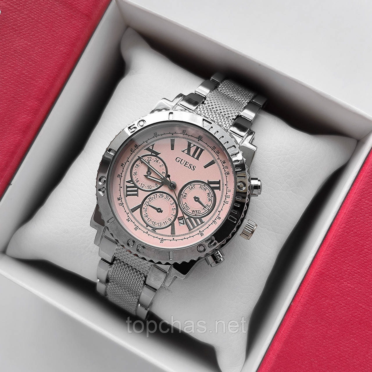 Жіночий наручний годинник Guess (Гес) сріблястий з рожевим, рифлений браслет, - код 2250t