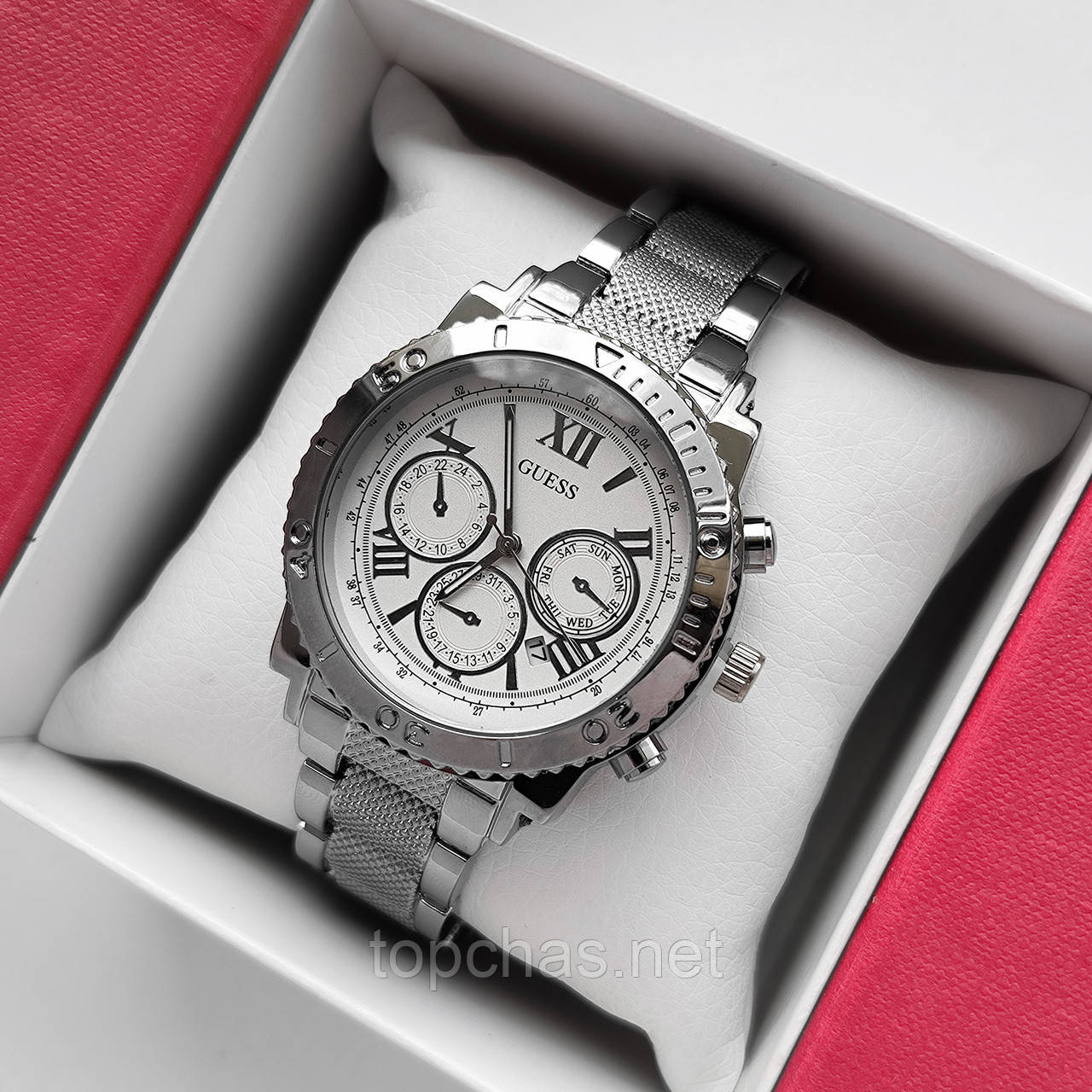 Жіночий наручний годинник Guess (Гес) сріблястий з білим, рифлений браслет, - код 2251t