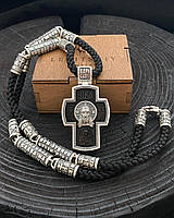 Серебряный 925 православный комплект: лавсановый шнурок со вставками и крест с черным деревом