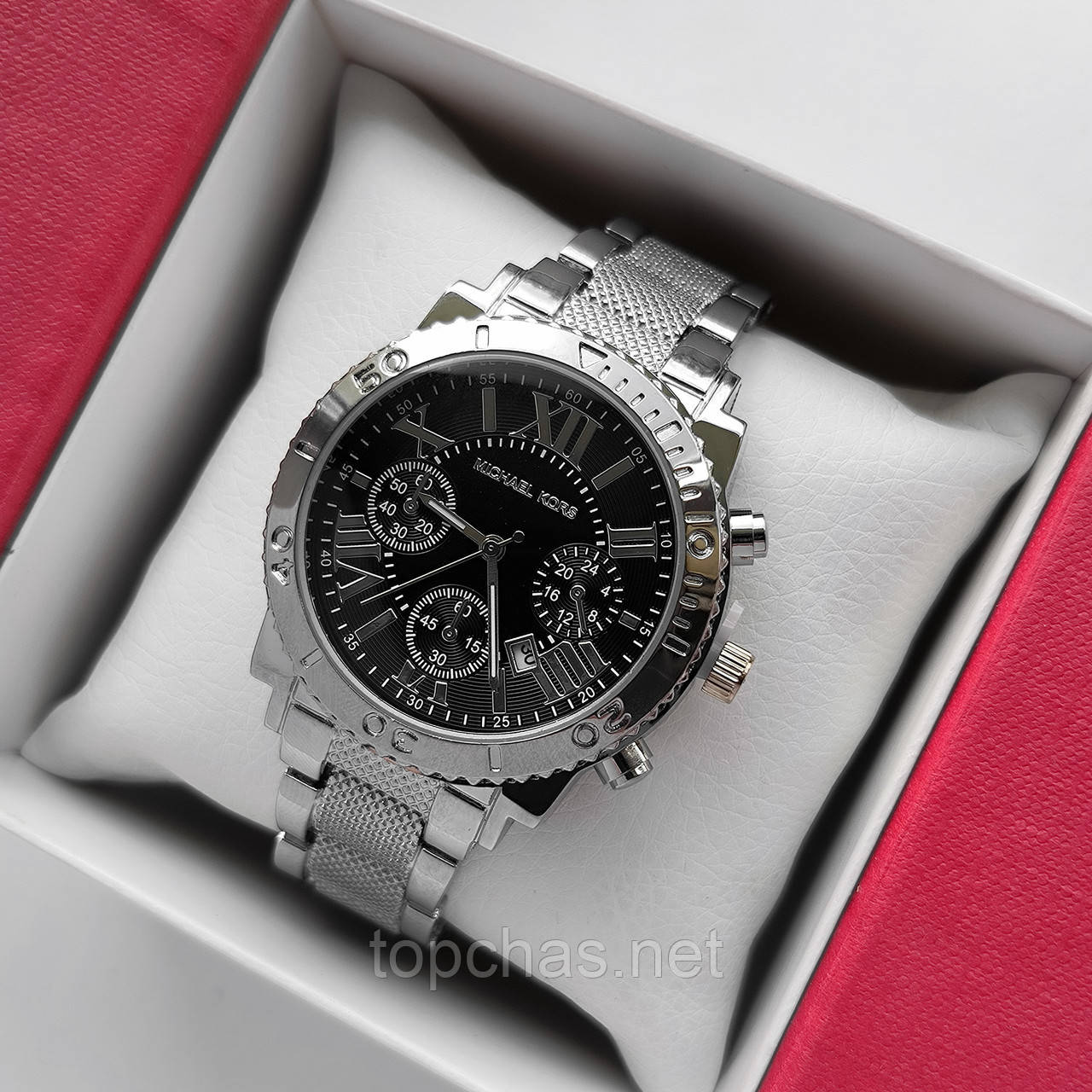 Наручний жіночий годинник Michael Kors сріблястий з чорним, рифлений браслет, - код 2253t