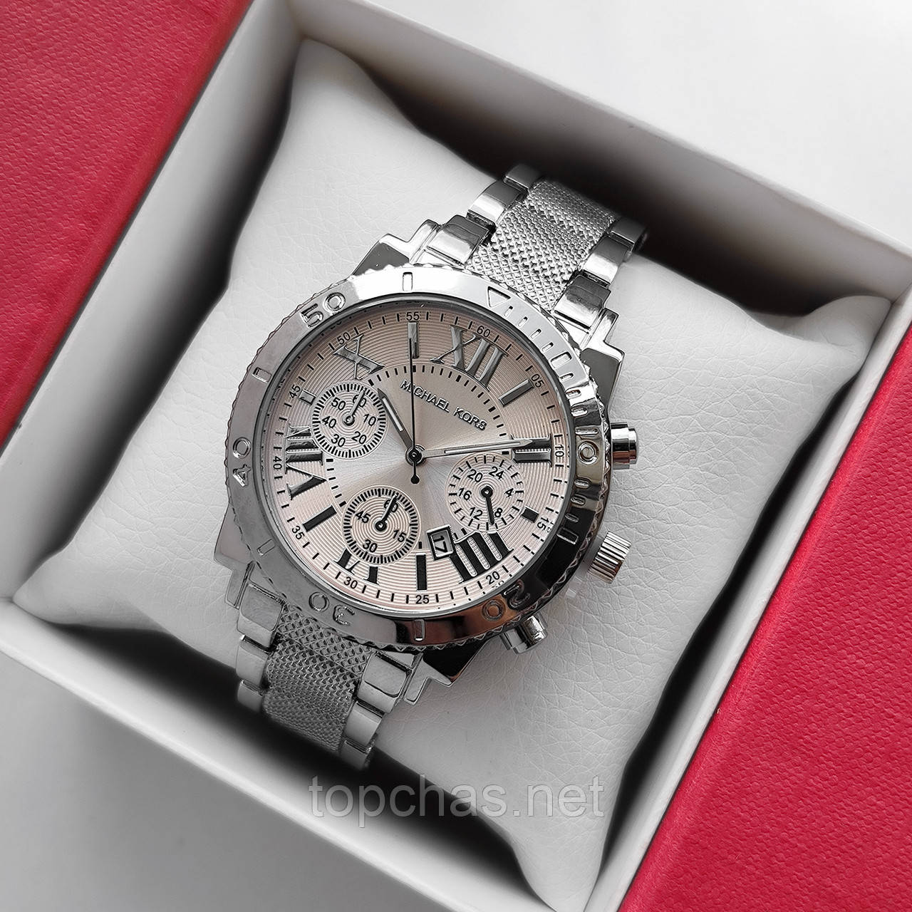 Наручний жіночий годинник Michael Kors сріблястий з рожевим, рифлений браслет, - код 2254t