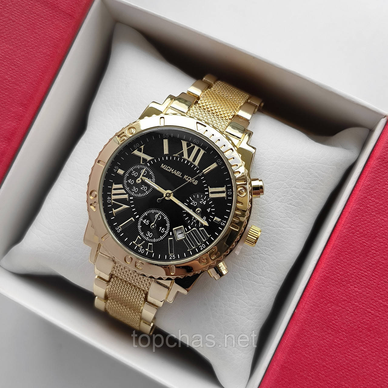 Наручний жіночий годинник Michael Kors золотий з чорним, рифлений браслет, - код 2255t
