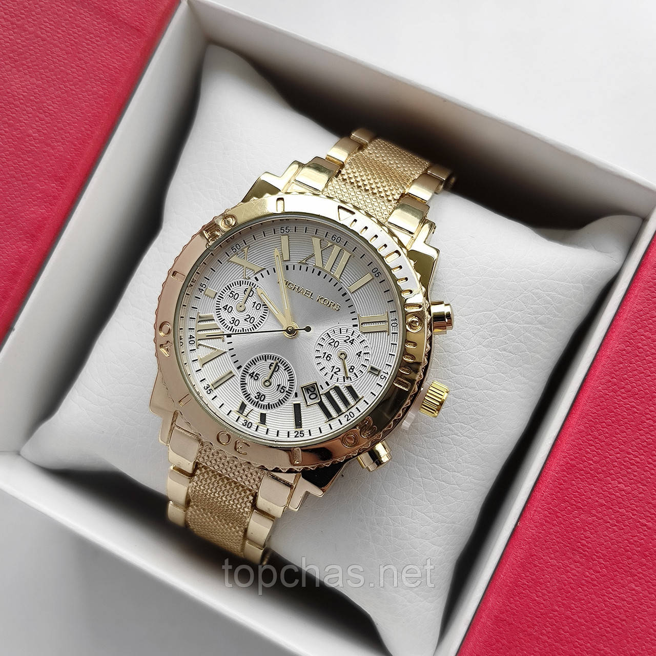 Наручний жіночий годинник Michael Kors золотий з чорним, рифлений браслет, - код 2255t