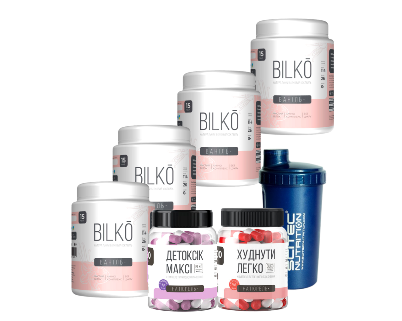 Білковий коктейль Bilko смак ваніль. 4 банки по 15 порцій + Жироспалювач + Детокс і Шейкер, фото 1